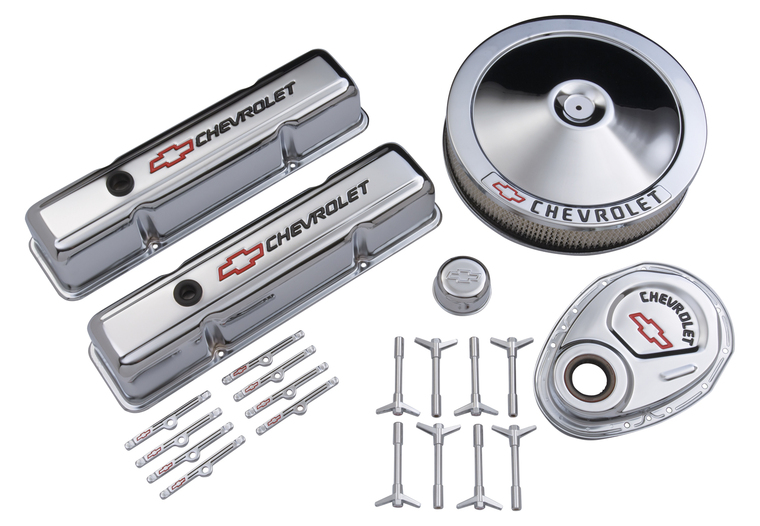 Proform Engine Dress-Up Kit Chrome w/Red Chevy Logo Fits SB Block Chevy Engines Tall Chrome Chevrolet Performance Parts