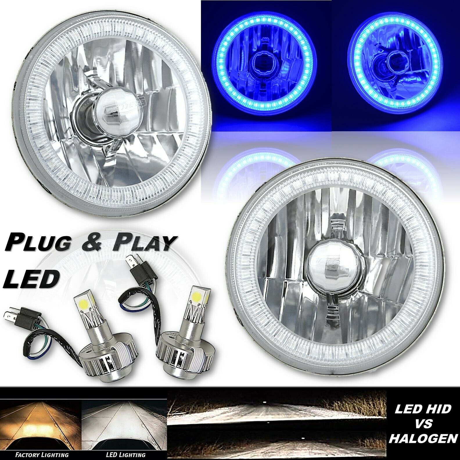 5 3/4 Inch Blue SMD LED Halo Angel Eye Crystal Clear Headlight